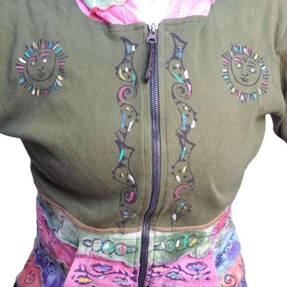90s Boho Hippie Zipup Jacket Hooded Patchwork Green Handpainted Sun Large - Picture 3 of 15